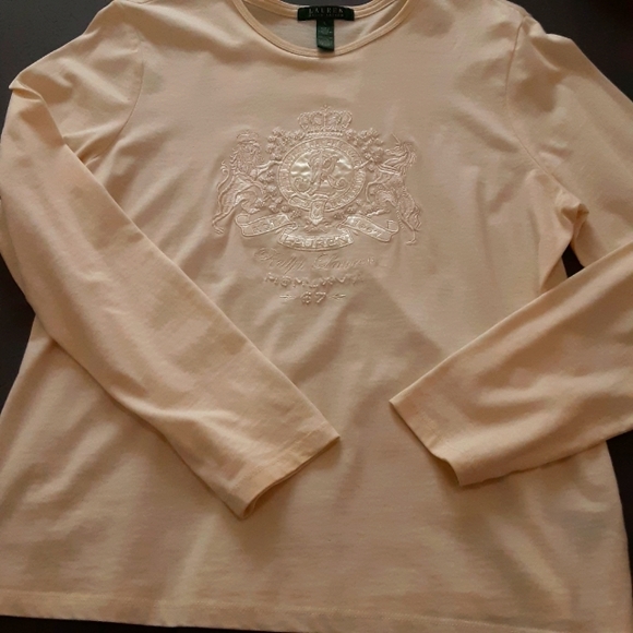 Lauren Ralph Lauren, Cotton, Embellished and Embroidered, Cream LS Tee, Large - Picture 5 of 12